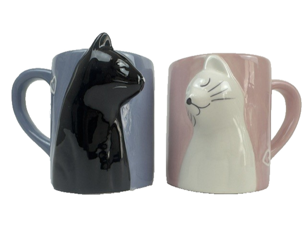 3D- Kissing Cats Mug/Cup Pair "I Love You Kiss Me Forever" Set of 2 Blue/Pink